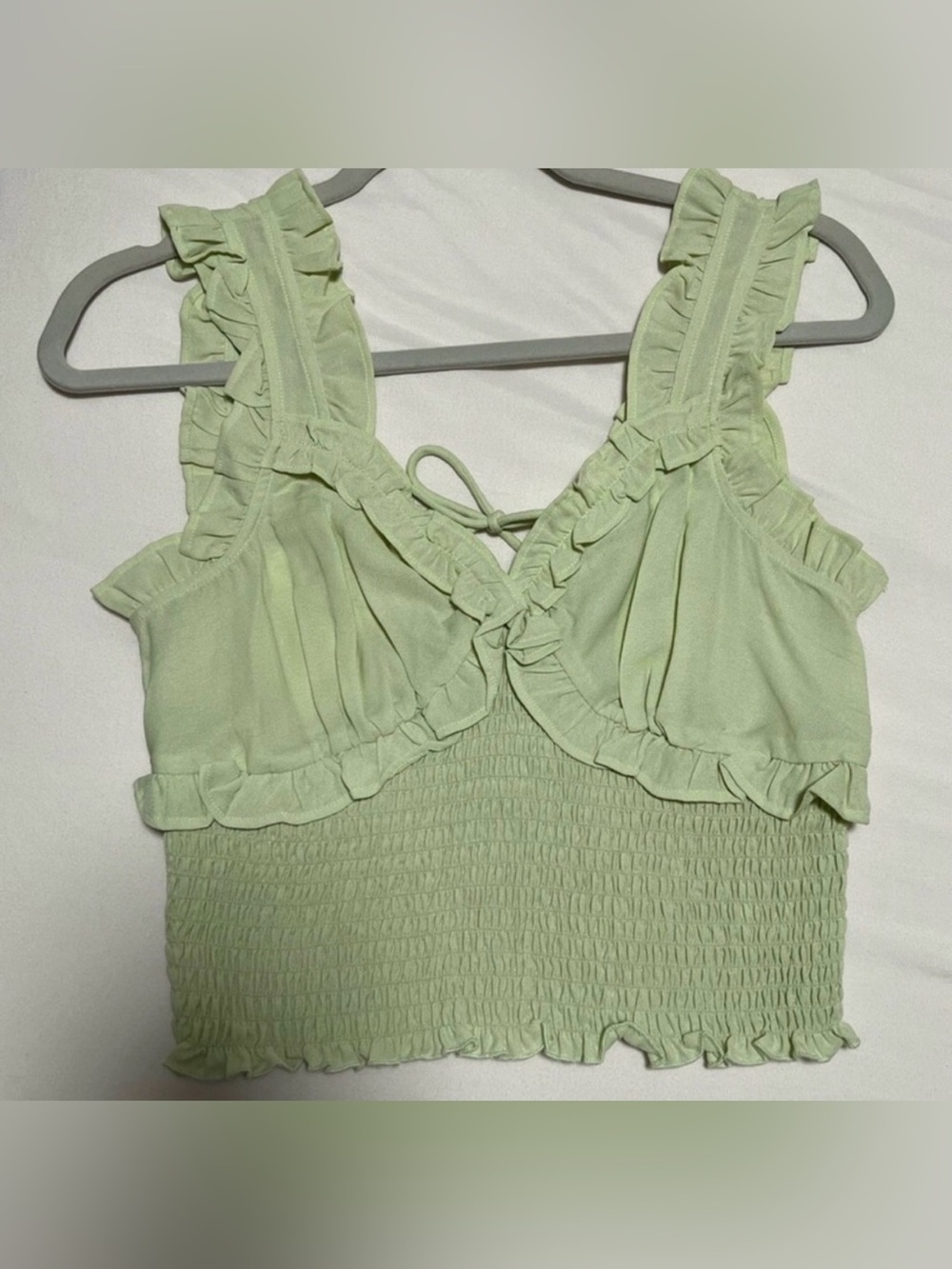 Top Shop Light Green Ruffled Smocked Crop Top Tie Back US 8 UK 12